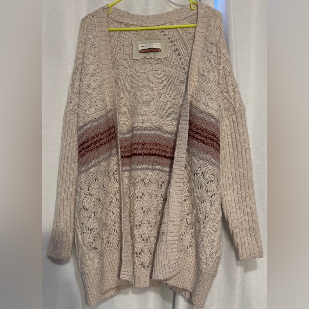Anthropologie NWT Cream and Brown Pilcro Jemma Cable Knit Cardigan Size XS/S